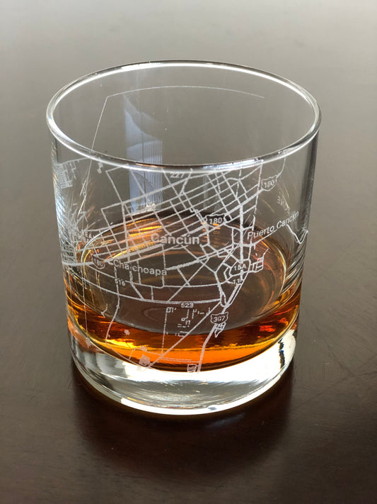 Rocks Whiskey Old Fashioned Glass Urban City Map Cancún, Mexico