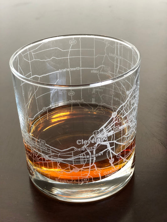 Rocks Whiskey Old Fashioned Glass Urban City Map Cleveland, OH