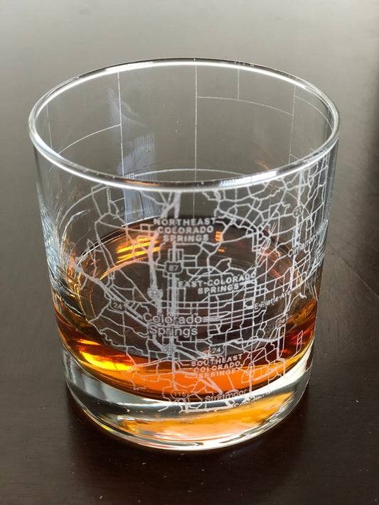 Rocks Whiskey Old Fashioned Glass Urban City Map Colorado Springs, CO