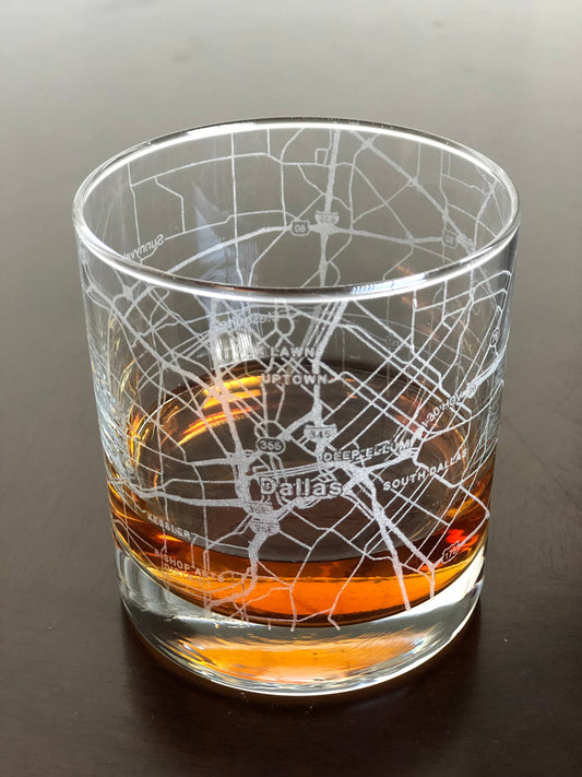 Rocks Whiskey Old Fashioned Glass Urban City Map Dallas, TX