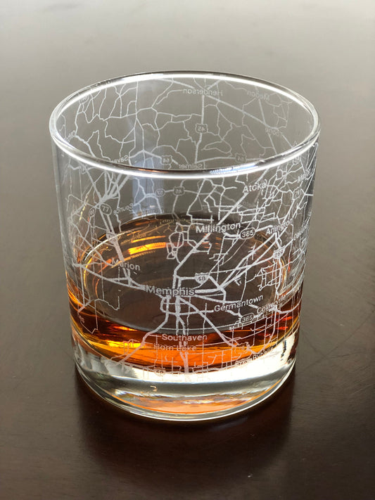 Rocks Whiskey Old Fashioned Glass Urban City Map Memphis, TN