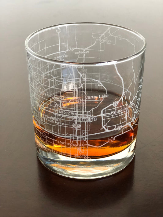 Rocks Whiskey Old Fashioned Glass Urban City Map Omaha, NE