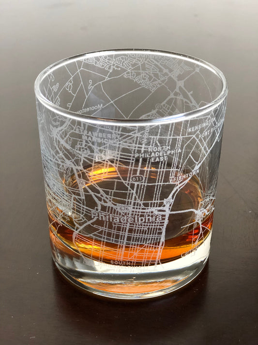 Rocks Whiskey Old Fashioned Glass Urban City Map Philadelphia, PA