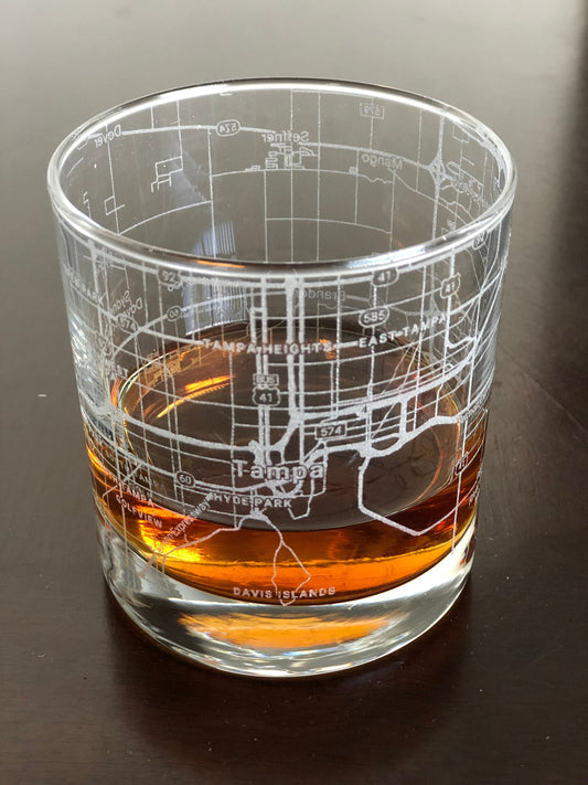 Rocks Whiskey Old Fashioned Glass Urban City Map Tampa, FL