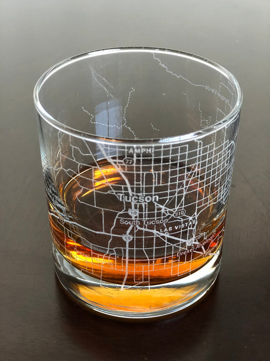 Rocks Whiskey Old Fashioned Glass Urban City Map Tucson, AZ