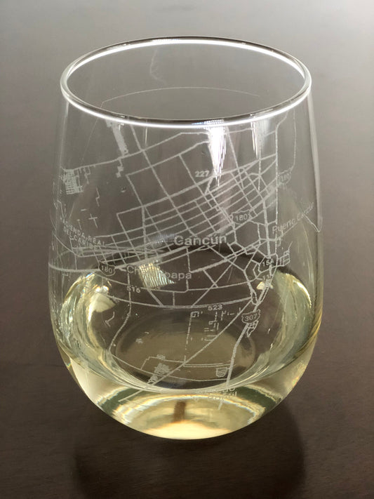 Stemless Wine Glass Urban City Map Cancún, Mexico