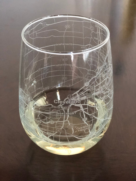 Stemless Wine Glass Urban City Map Cleveland, OH