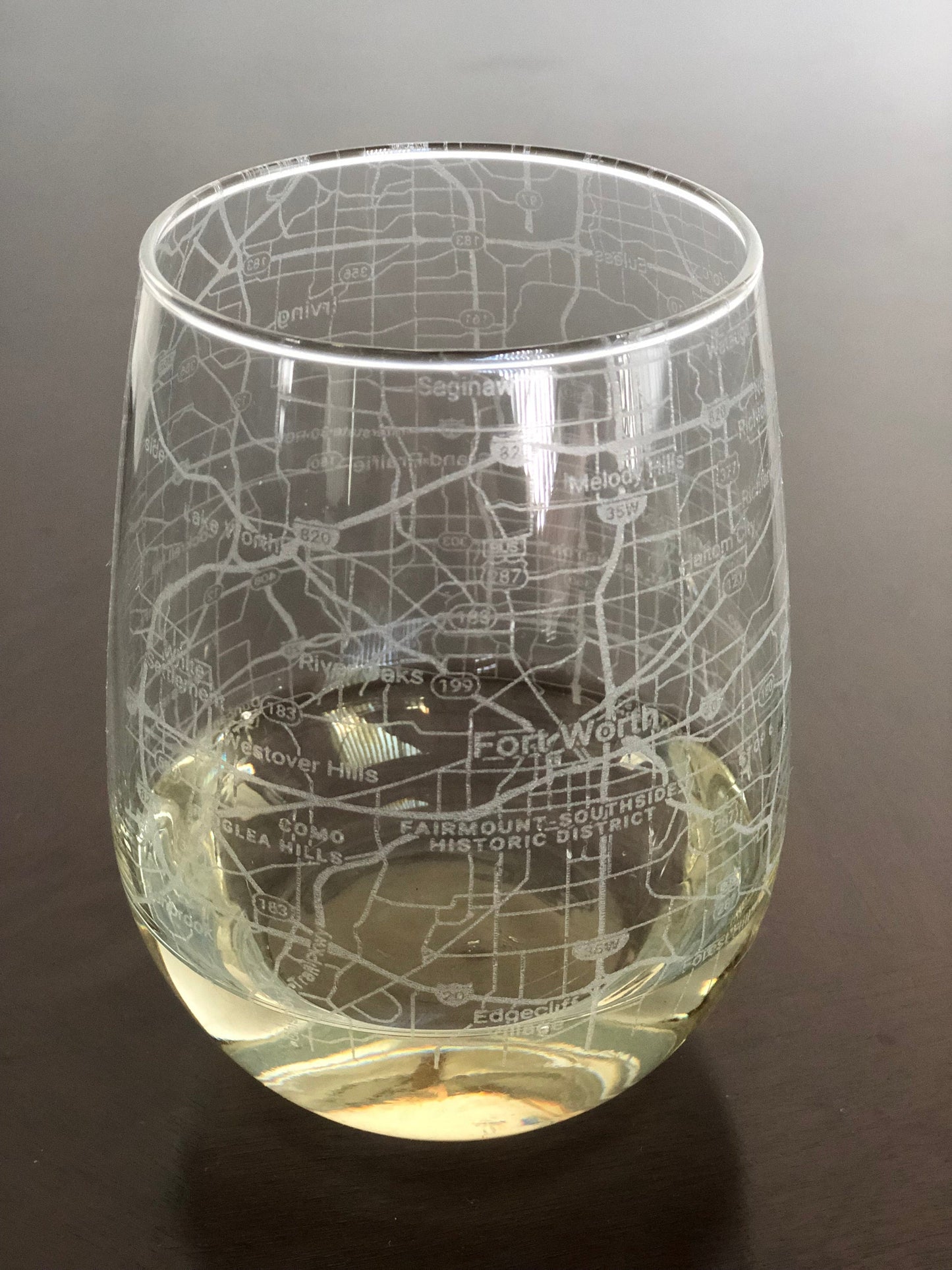 Stemless Wine Glass Urban City Map Fort Worth, TX