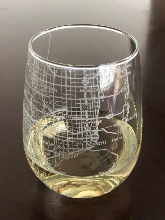 Stemless Wine Glass Urban City Map Miami, FL