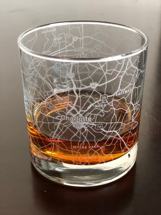 Rocks Whiskey Old Fashioned Glass Urban City Map Charlotte, NC