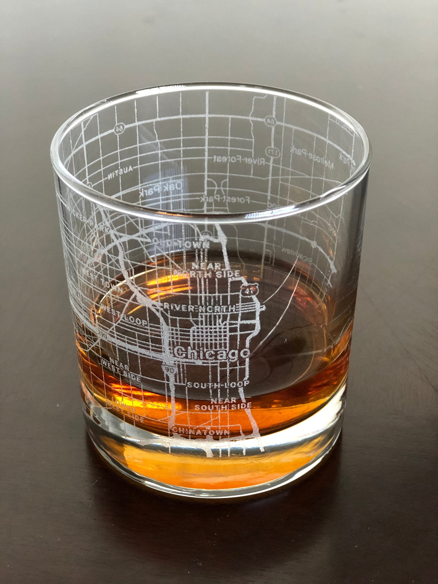 Rocks Whiskey Old Fashioned Glass Urban City Map Chicago, IL