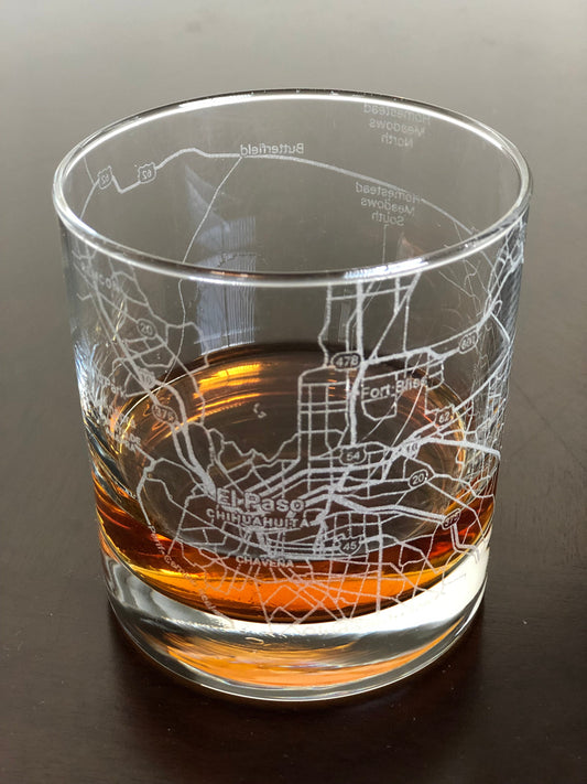 Rocks Whiskey Old Fashioned Glass Urban City Map El Paso, TX