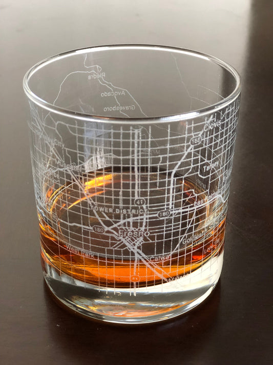 Rocks Whiskey Old Fashioned Glass Urban City Map Fresno, CA