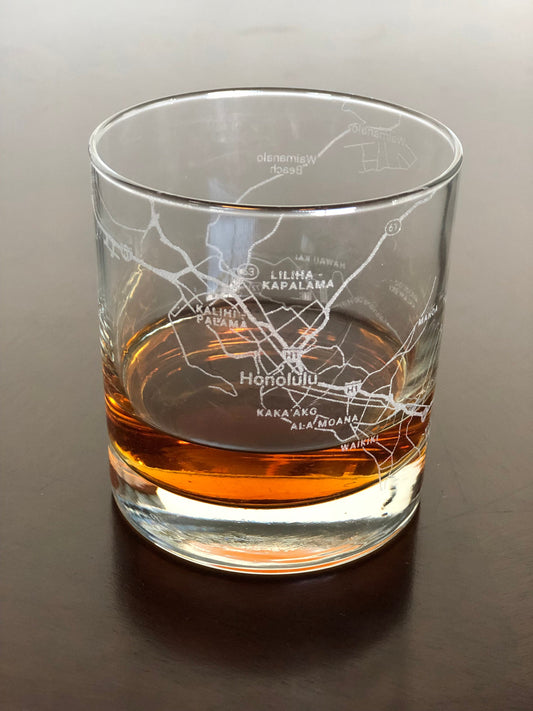 Rocks Whiskey Old Fashioned Glass Urban City Map Honolulu, HI