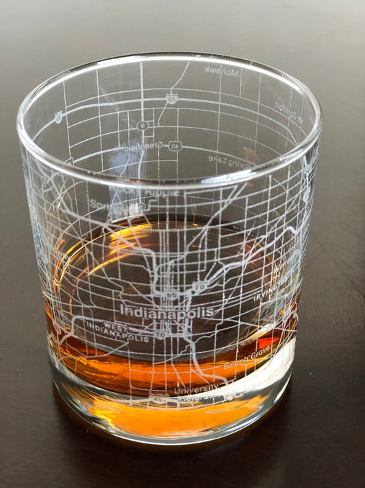 Rocks Whiskey Old Fashioned Glass Urban City Map Indianapolis, IN