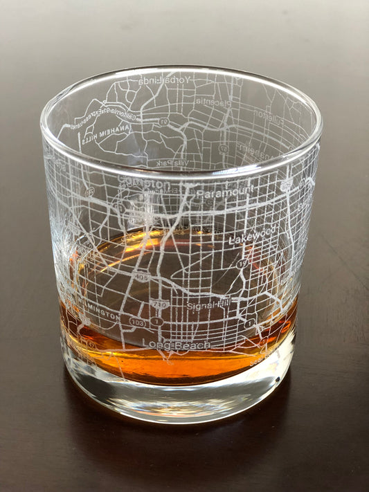 Rocks Whiskey Old Fashioned Glass Urban City Map Long Beach, CA