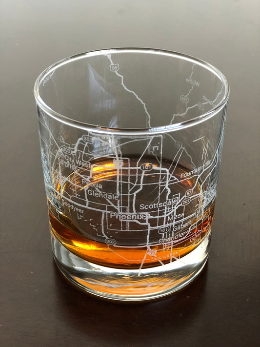 Rocks Whiskey Old Fashioned Glass Urban City Map Phoenix AZ Mesa AZ