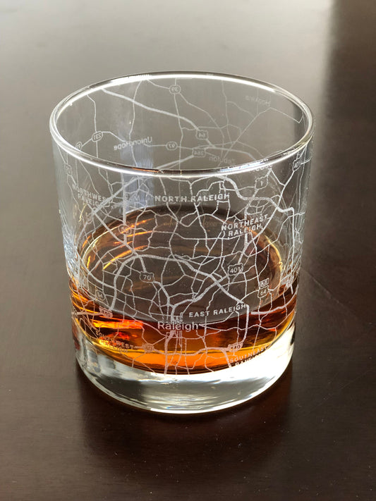 Rocks Whiskey Old Fashioned Glass Urban City Map Raleigh, NC