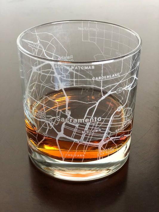 Rocks Whiskey Old Fashioned Glass Urban City Map Sacramento, CA