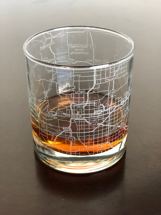 Rocks Whiskey Old Fashioned Glass Urban City Map Tulsa, OK