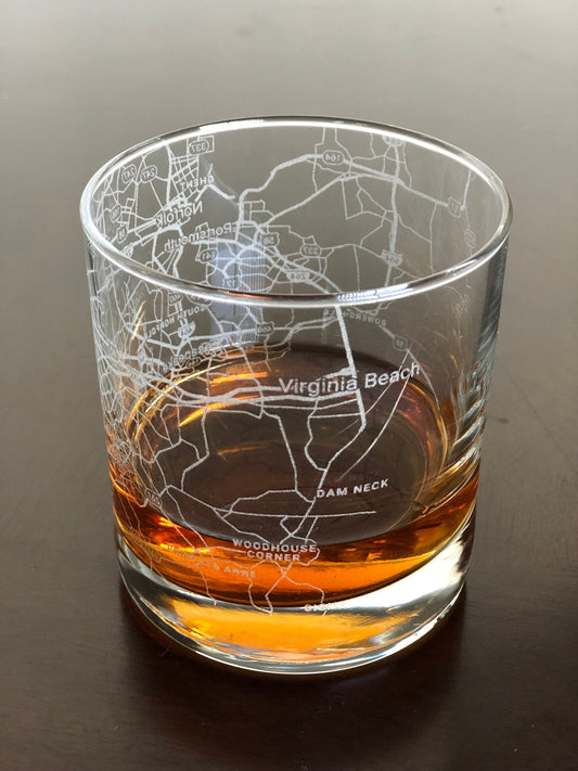 Rocks Whiskey Old Fashioned Glass Urban City Map Virginia Beach, VA