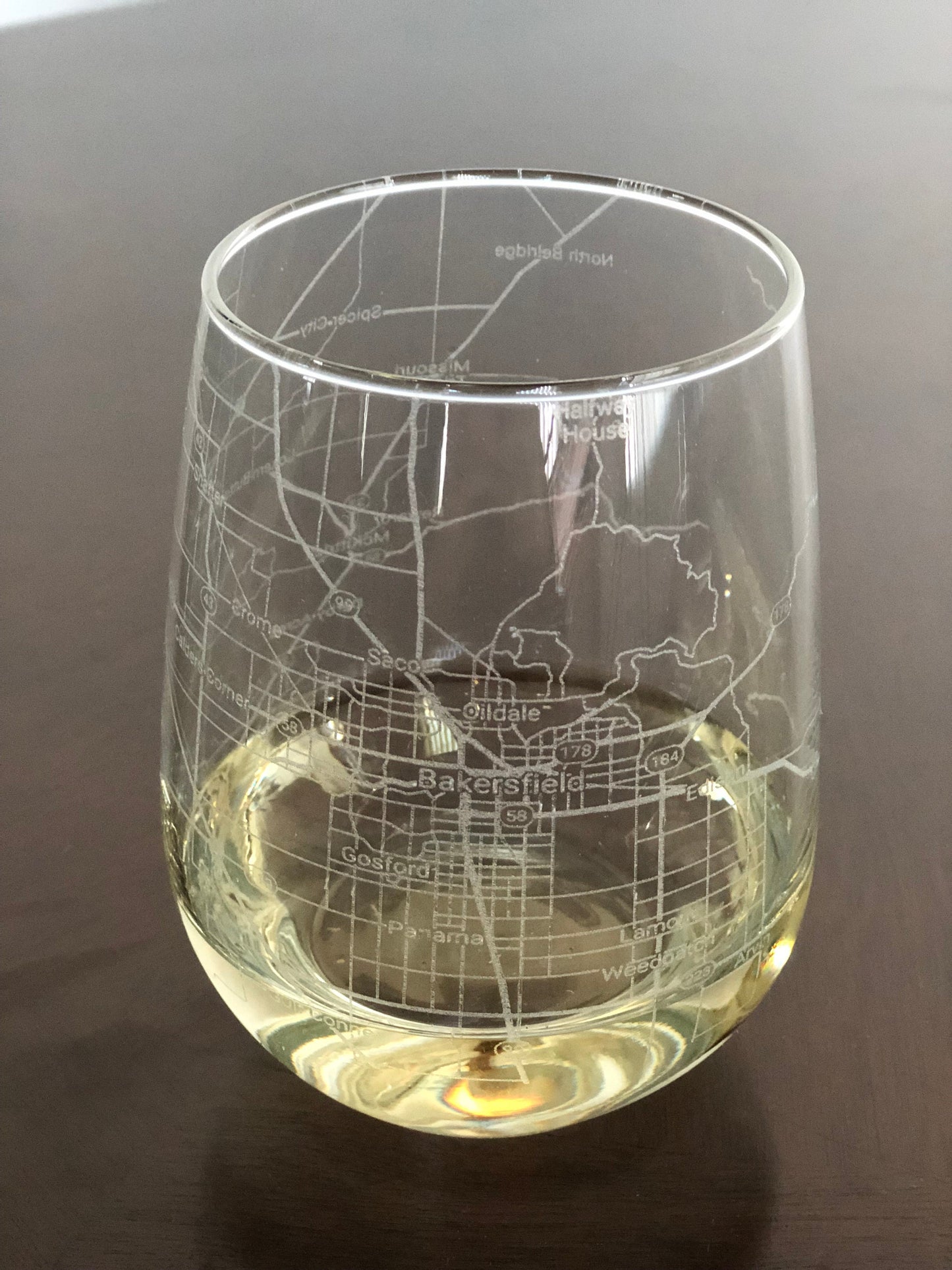 Stemless Wine Glass Urban City Map Bakersfield, CA