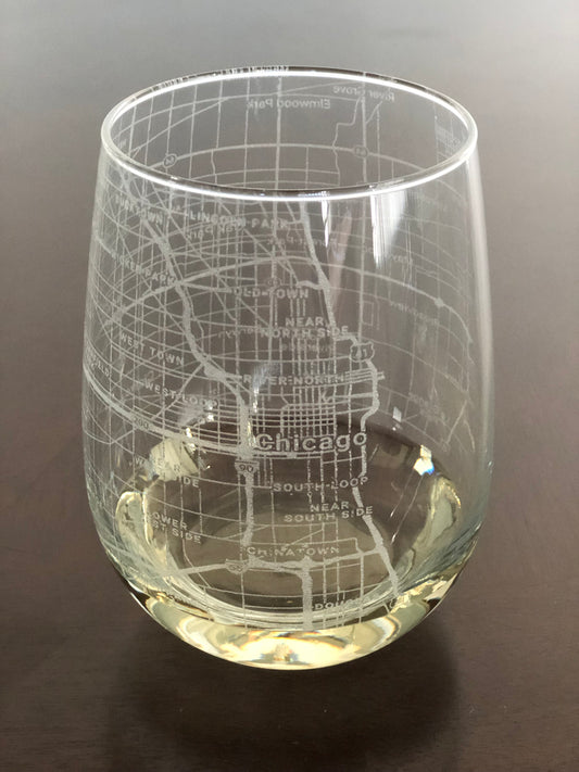 Stemless Wine Glass Urban City Map Chicago, IL