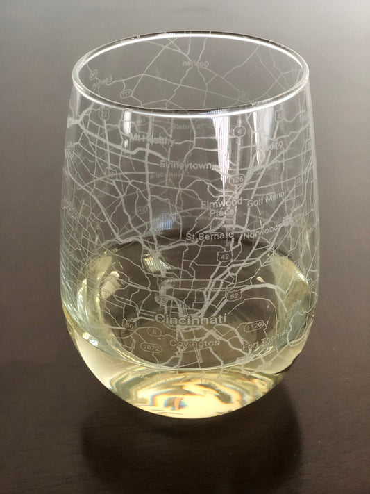 Stemless Wine Glass Urban City Map Cincinnati, OH