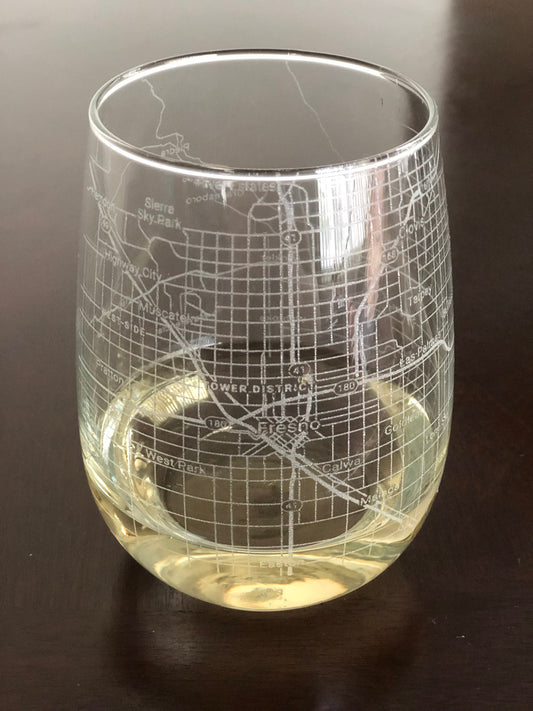 Stemless Wine Glass Urban City Map Fresno, CA