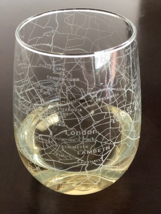 Stemless Wine Glass Urban City Map London, UK