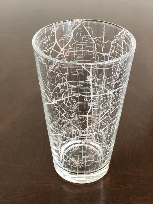 16 oz Pint Beer Glass Urban City Map Fort Worth, TX