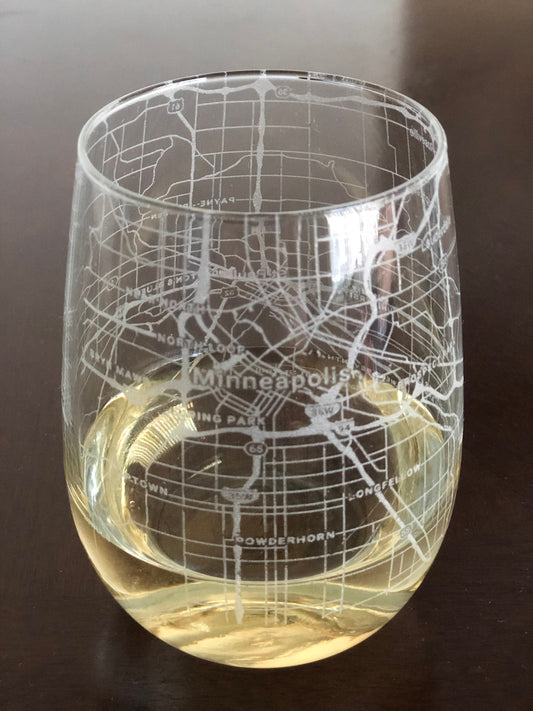 Stemless Wine Glass Urban City Map Minneapolis Saint Paul, MN