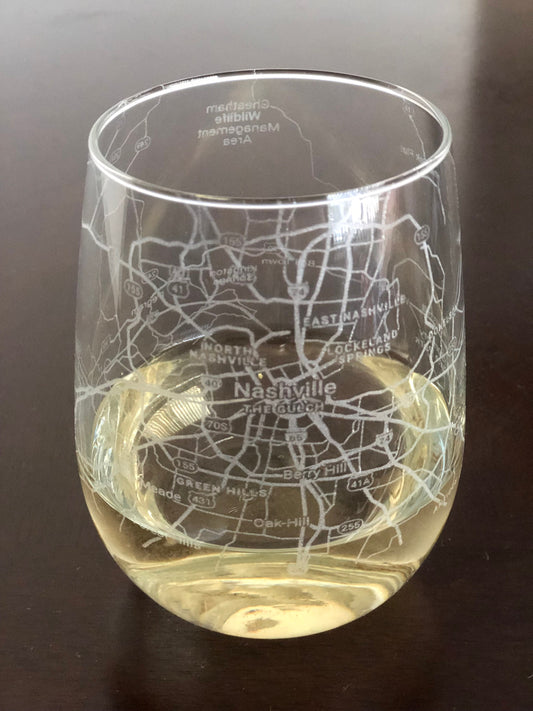 Stemless Wine Glass Urban City Map Nashville, TN