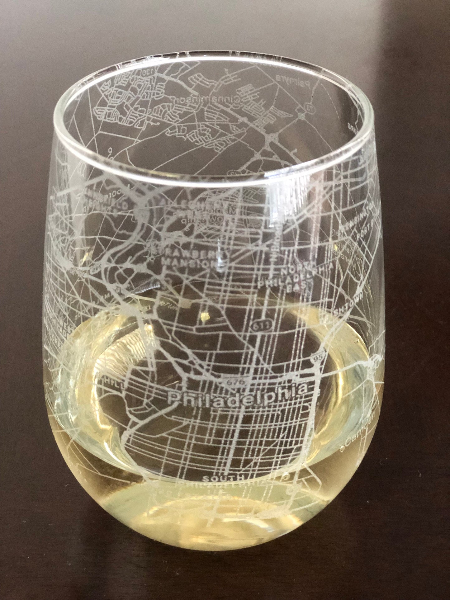 Stemless Wine Glass Urban City Map Philadelphia, PA