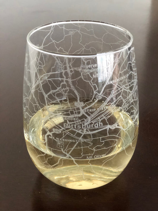 Stemless Wine Glass Urban City Map Pittsburgh, PA