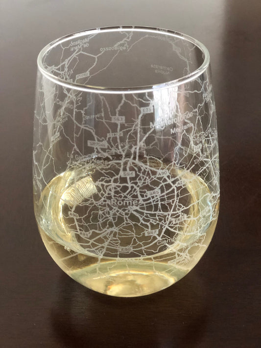 Stemless Wine Glass Urban City Map Rome, Italy