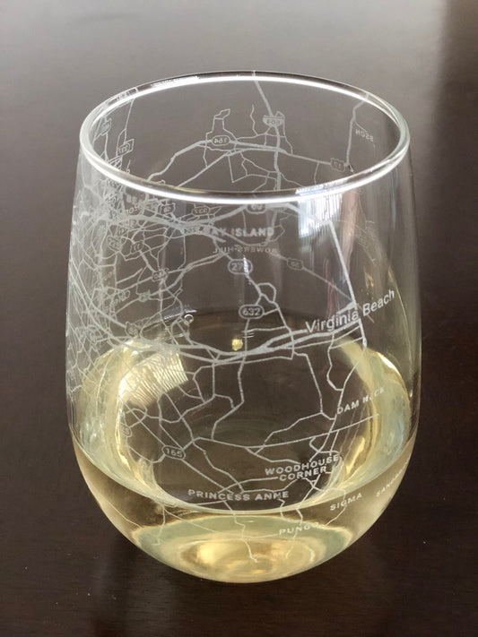 Stemless Wine Glass Urban City Map Virginia Beach, VA