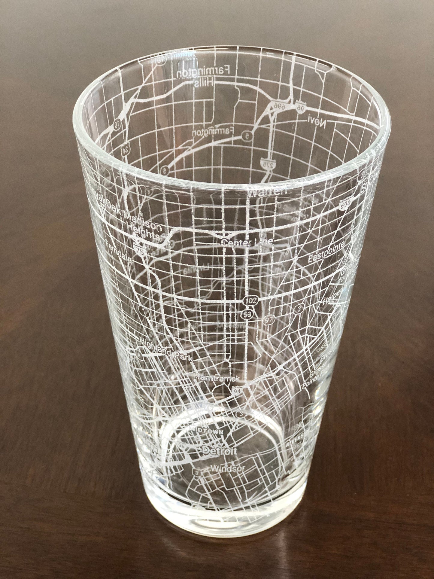 16 oz Pint Beer Glass Urban City Map Detroit, MI