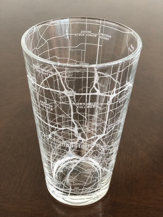 16 oz Pint Beer Glass Urban City Map Houston, TX