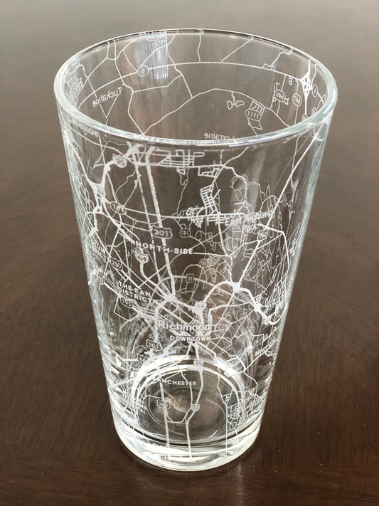 16 oz Pint Beer Glass Urban City Map Richmond, VA