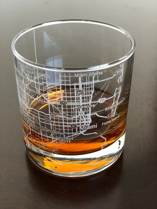 Rocks Whiskey Old Fashioned Glass Urban City Map Miami, FL