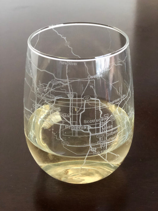 Stemless Wine Glass Urban City Map Phoenix AZ Mesa AZ