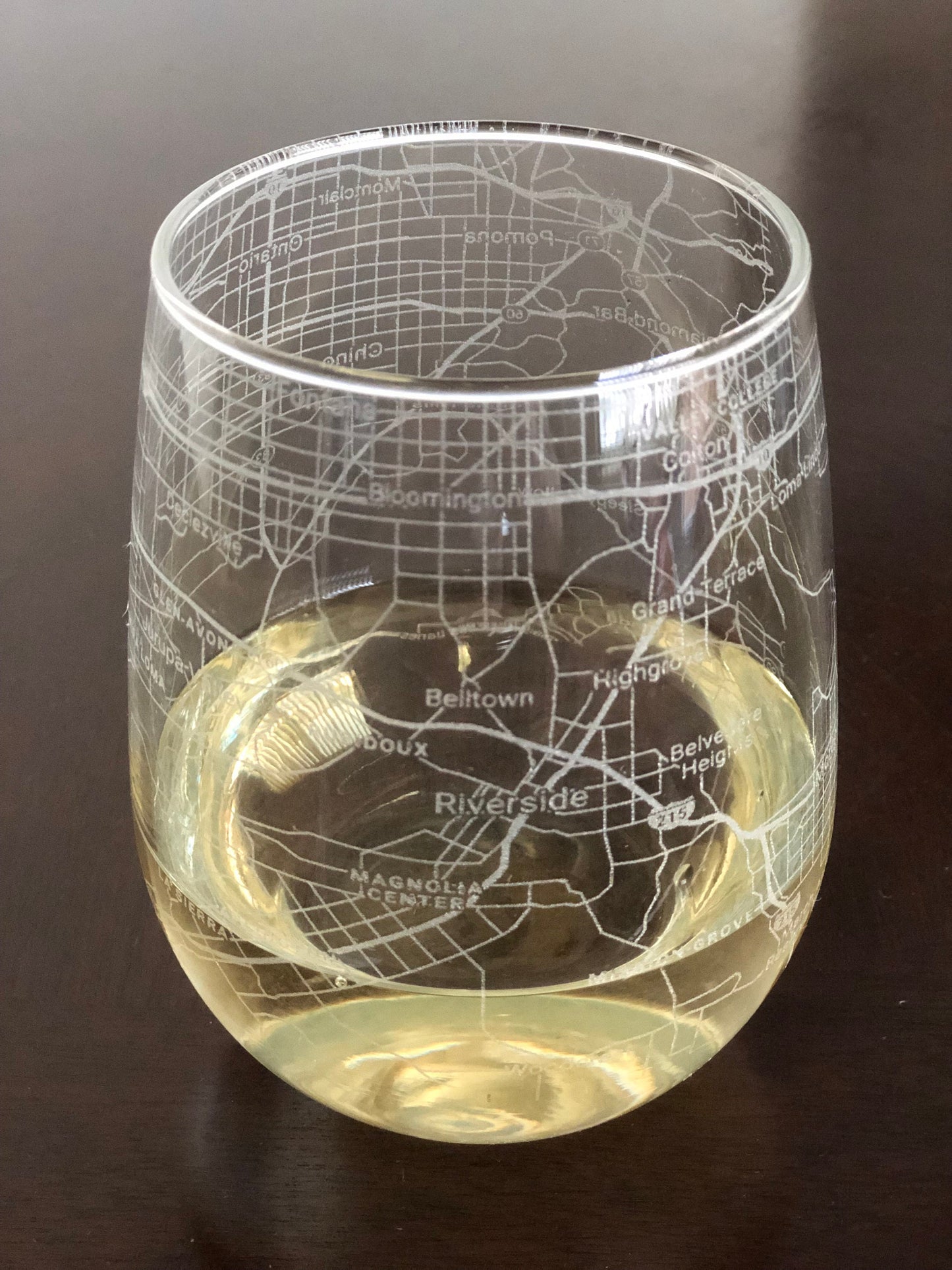 Stemless Wine Glass Urban City Map Riverside, CA