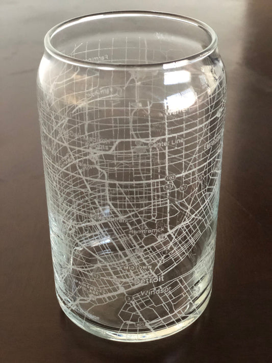 16 oz Beer Can Glass Urban City Map Detroit, MI