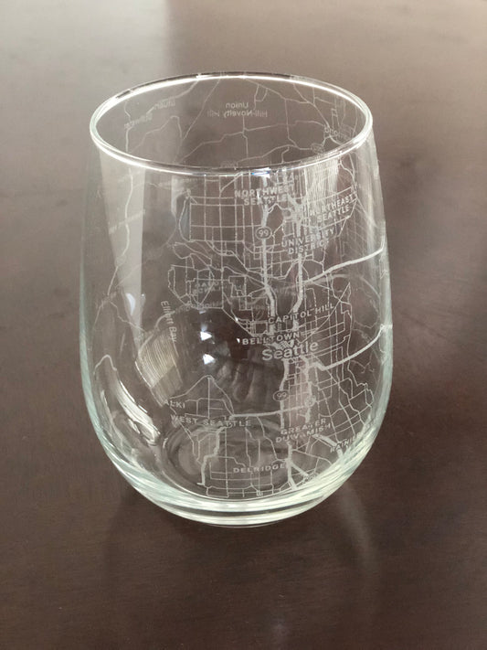 Stemless Wine Glass Urban City Map Seattle, WA