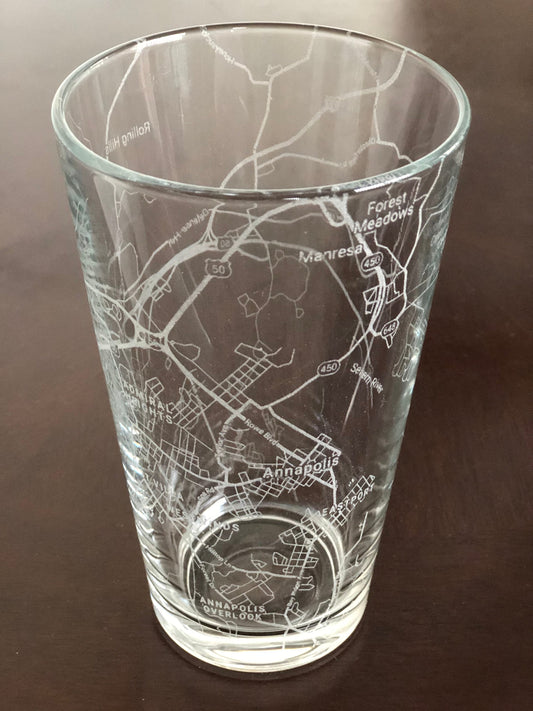16 oz Pint Beer Glass Urban City Map Annapolis, MD