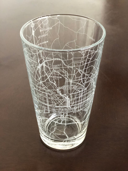 16 oz Pint Beer Glass Urban City Map Baltimore, MD