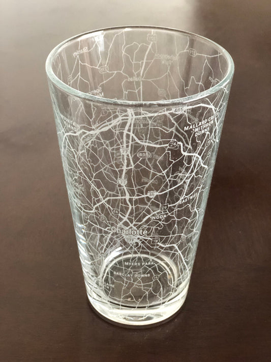 16 oz Pint Beer Glass Urban City Map Charlotte, NC