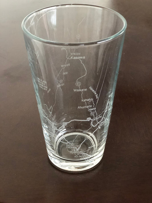 16 oz Pint Beer Glass Urban City Map Honolulu, HI