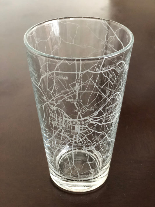 16 oz Pint Beer Glass Urban City Map Louisville, KY